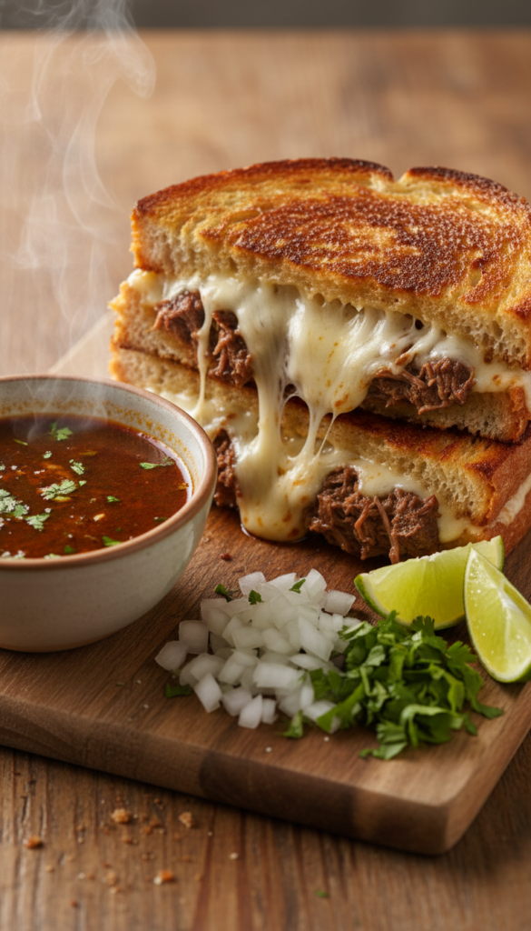 A mouthwatering birria grilled cheese sandwich, featuring oozing melted cheese intertwined with rich, flavorful birria meat, served on perfectly toasted, golden-brown sourdough bread. In the foreground, the sandwich is cut in half, showcasing the gooey cheese and tender meat spilling out, with a shallow dish of consomé for dipping next to it. In the middle ground, place a vibrant assortment of fresh toppings: diced onions, cilantro, and lime wedges, adding pops of color. The background includes a rustic wooden table for a cozy, inviting atmosphere, with soft, warm lighting enhancing the golden hues of the sandwich. Capture the angle from slightly above to emphasize the sandwich's textures and ingredients, creating an appetizing and mouthwatering scene.