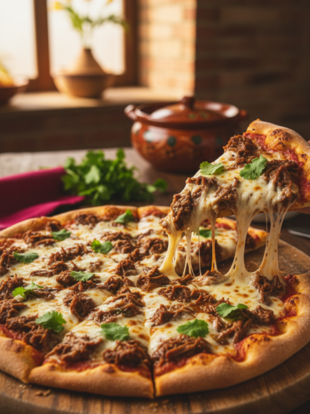 A mouthwatering birria pizza, topped with succulent, shredded beef birria, melting Oaxaca cheese, and vibrant fresh cilantro, rests on a wooden pizza board. In the foreground, a slice is being pulled away, showcasing the gooey cheese stretching. The middle area features a rustic kitchen setting, with warm, golden lighting illuminating the pizza and highlighting the rich, savory colors of the toppings. In the background, there are hints of traditional Mexican decor, like colorful papel picado and an earthenware pot, adding to the ambiance. The scene conveys a cozy and inviting atmosphere, perfect for sharing a delicious meal with friends or family. The angle is slightly overhead, capturing the inviting details of the pizza while keeping the background softly blurred.