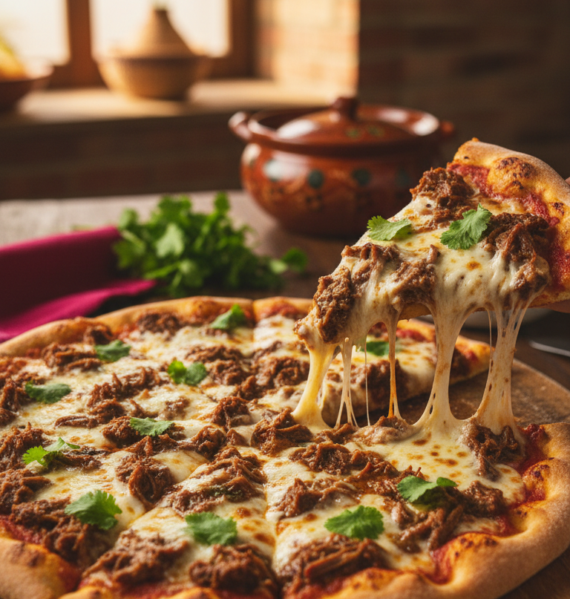 A mouthwatering birria pizza, topped with succulent, shredded beef birria, melting Oaxaca cheese, and vibrant fresh cilantro, rests on a wooden pizza board. In the foreground, a slice is being pulled away, showcasing the gooey cheese stretching. The middle area features a rustic kitchen setting, with warm, golden lighting illuminating the pizza and highlighting the rich, savory colors of the toppings. In the background, there are hints of traditional Mexican decor, like colorful papel picado and an earthenware pot, adding to the ambiance. The scene conveys a cozy and inviting atmosphere, perfect for sharing a delicious meal with friends or family. The angle is slightly overhead, capturing the inviting details of the pizza while keeping the background softly blurred.