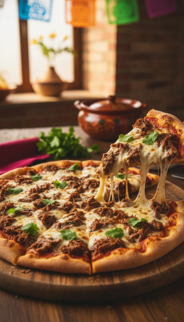 A mouthwatering birria pizza, topped with succulent, shredded beef birria, melting Oaxaca cheese, and vibrant fresh cilantro, rests on a wooden pizza board. In the foreground, a slice is being pulled away, showcasing the gooey cheese stretching. The middle area features a rustic kitchen setting, with warm, golden lighting illuminating the pizza and highlighting the rich, savory colors of the toppings. In the background, there are hints of traditional Mexican decor, like colorful papel picado and an earthenware pot, adding to the ambiance. The scene conveys a cozy and inviting atmosphere, perfect for sharing a delicious meal with friends or family. The angle is slightly overhead, capturing the inviting details of the pizza while keeping the background softly blurred.