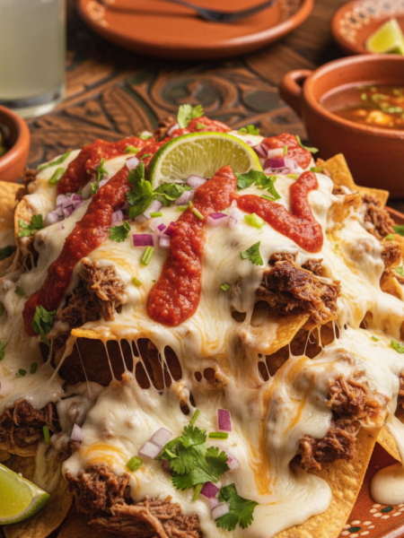 A vibrant plate of birria nachos, stacked high with crispy tortilla chips drenched in rich, tender birria meat, topped with melted cheese that stretches invitingly. Add fresh cilantro and diced onions for a pop of color, alongside a drizzle of zesty salsa and a sprinkle of lime wedges for a refreshing touch. In the foreground, the nachos are glistening under warm, inviting light, making the cheese look extra gooey. The middle background features a rustic wooden table setting with a cozy ambiance, subtly blurred to focus on the nachos. Capture the atmosphere of a lively Mexican eatery, with warm tones that evoke comfort and a sense of indulgence, shot from a slightly elevated angle to showcase the full deliciousness of the dish.