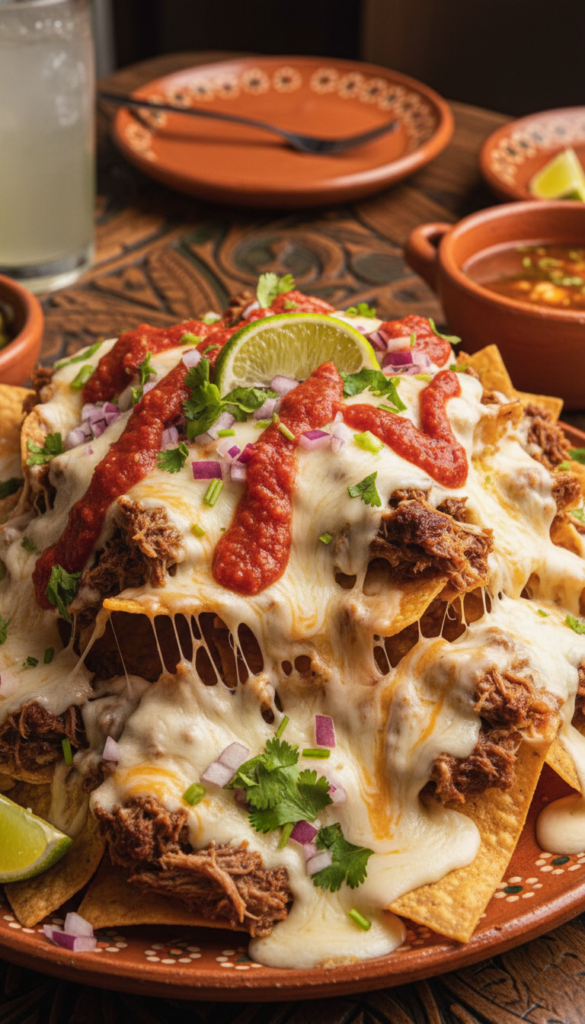A vibrant plate of birria nachos, stacked high with crispy tortilla chips drenched in rich, tender birria meat, topped with melted cheese that stretches invitingly. Add fresh cilantro and diced onions for a pop of color, alongside a drizzle of zesty salsa and a sprinkle of lime wedges for a refreshing touch. In the foreground, the nachos are glistening under warm, inviting light, making the cheese look extra gooey. The middle background features a rustic wooden table setting with a cozy ambiance, subtly blurred to focus on the nachos. Capture the atmosphere of a lively Mexican eatery, with warm tones that evoke comfort and a sense of indulgence, shot from a slightly elevated angle to showcase the full deliciousness of the dish.